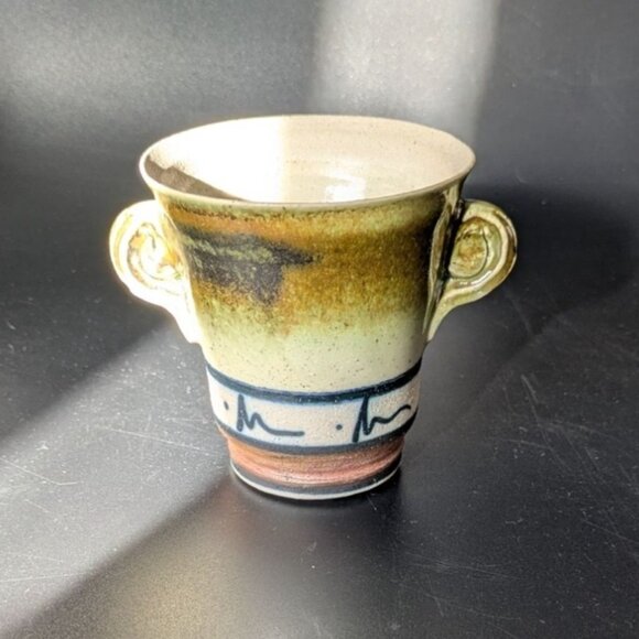 Studio Artisan Pottery Green Brown Glaze Cup 2 Handles Line Accent - Picture 1 of 12